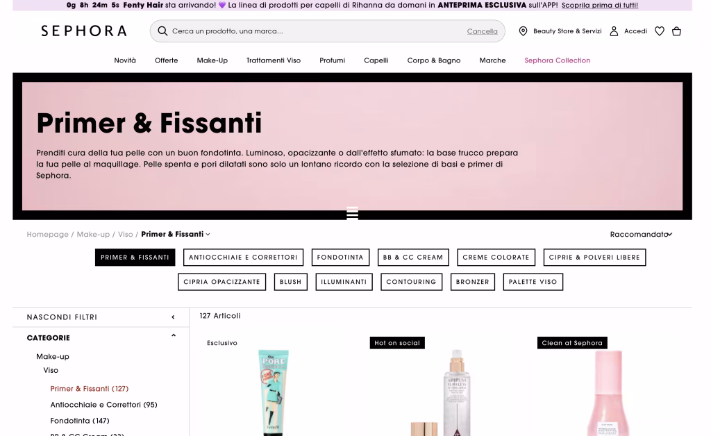 sephora filtri menu orizzontale e verticale